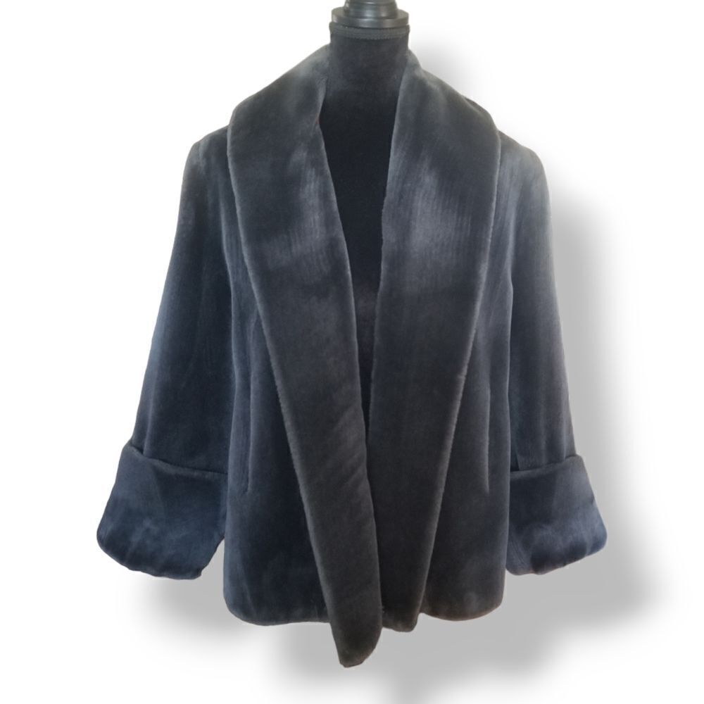 Plush Faux Fur Charcoal Open Front Vintage Jacket With Cuffed Sleeves S